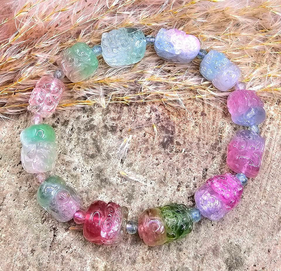 Premium Grade Nature Watermelon Tourmaline Hand Carved Pixiu Bracelet