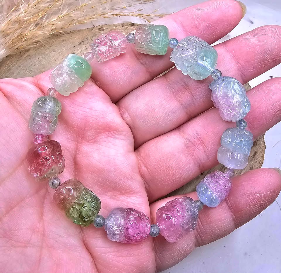Premium Grade Nature Watermelon Tourmaline Hand Carved Pixiu Bracelet