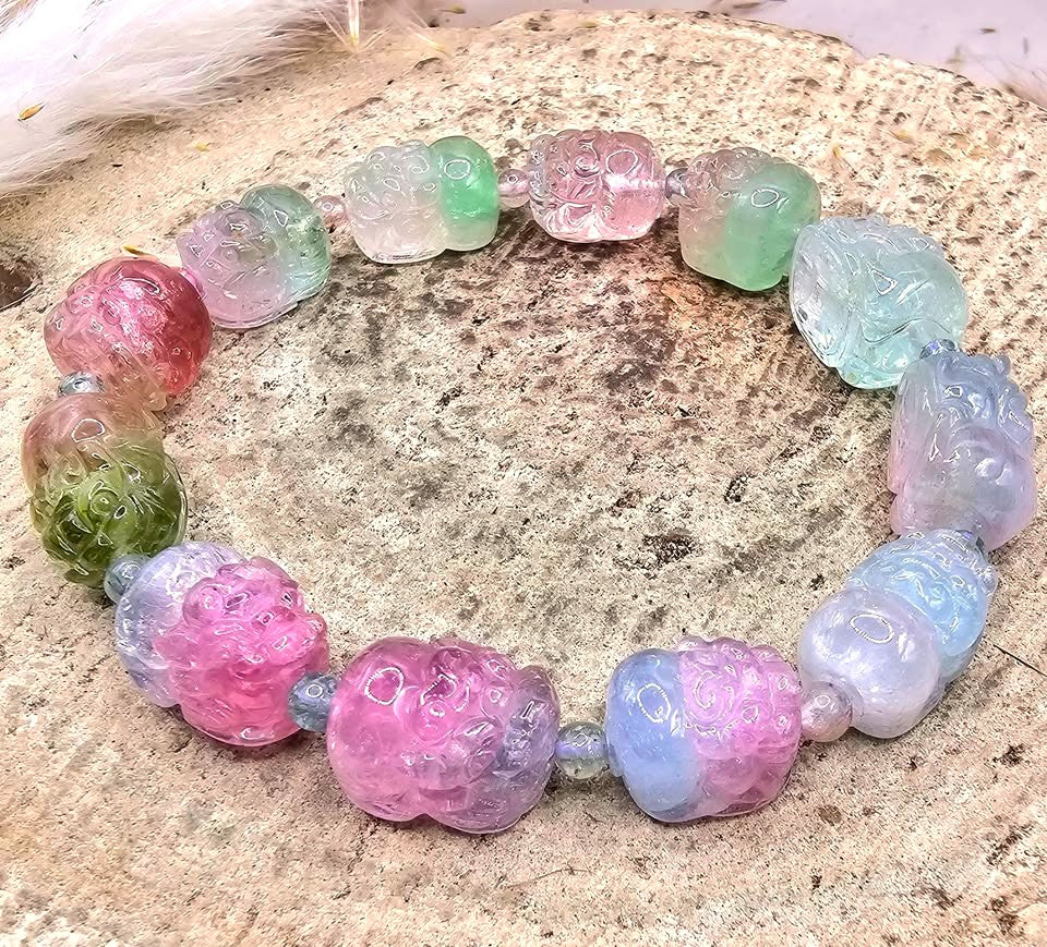 Premium Grade Nature Watermelon Tourmaline Hand Carved Pixiu Bracelet