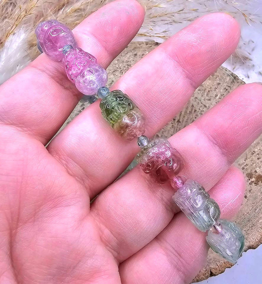 Premium Grade Nature Watermelon Tourmaline Hand Carved Pixiu Bracelet