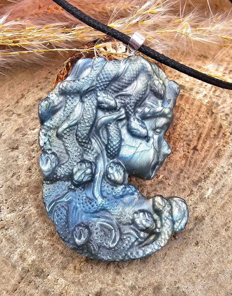 Nature Labradorite Carved Flashy Medusa Big Pendant Necklace