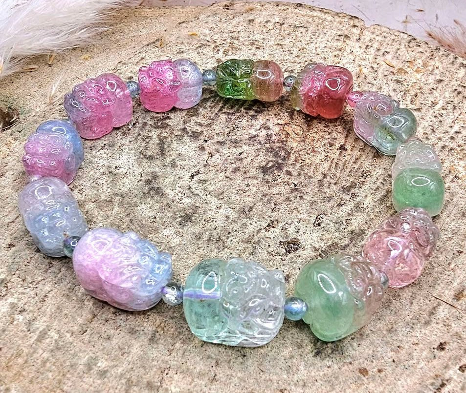 Premium Grade Nature Watermelon Tourmaline Hand Carved Pixiu Bracelet