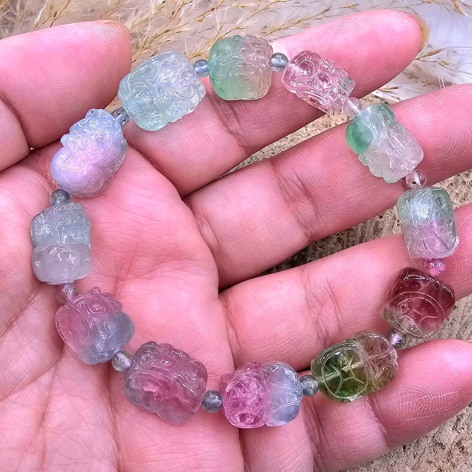 Premium Grade Nature Watermelon Tourmaline Hand Carved Pixiu Bracelet