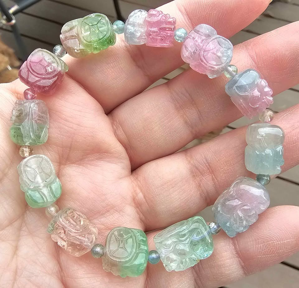 Premium Grade Nature Watermelon Tourmaline Hand Carved Pixiu Bracelet