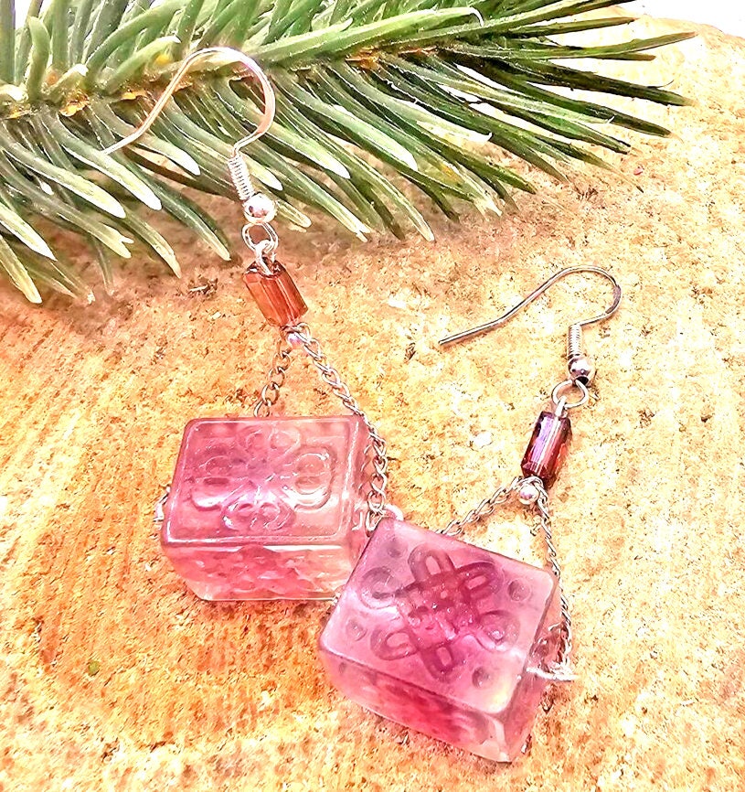 Unique Nature Rainbow Fluorite Blessing Fret Symbols Block S925 Dangle Earring