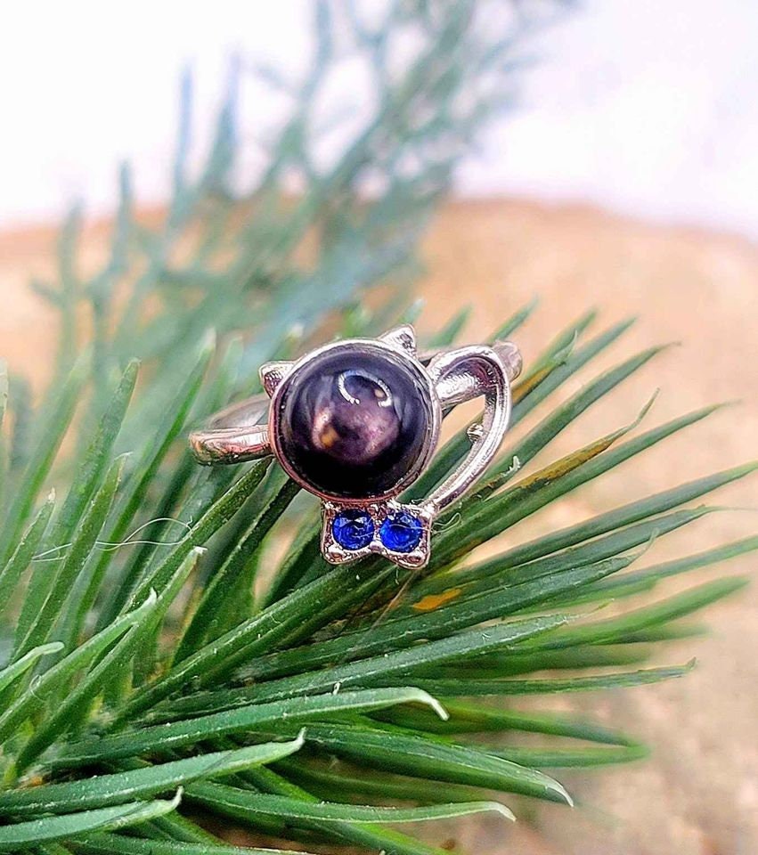 Nature Silver Hypersthene Cute Walking Cat Design Adjustable Ring