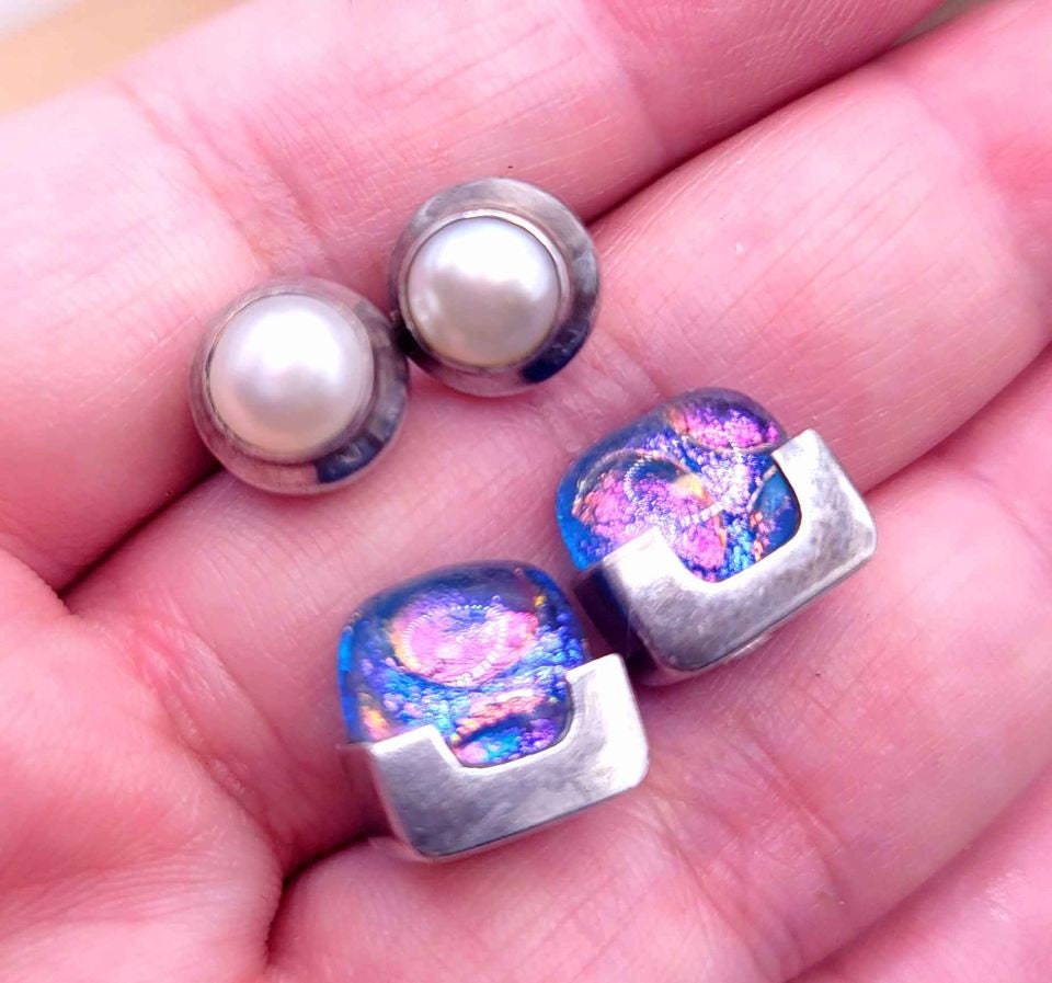 Beautiful 2 pairs Of Blue Aura Glass Tile & Pearl Sterling Silver Ear Studs