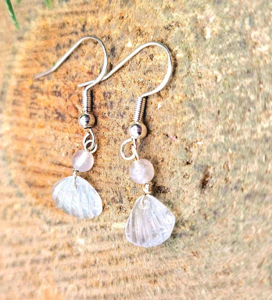 Beautiful Nature Moonstone Flashy Hand Carved Shell S925 Dangle Earring