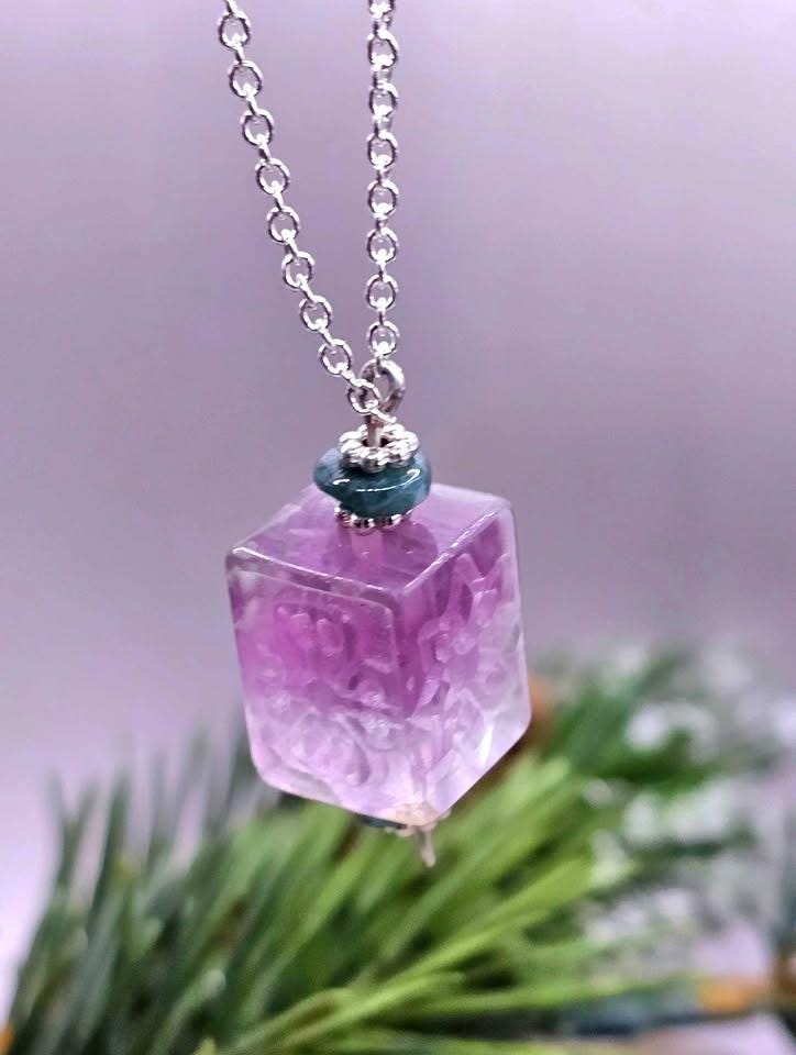 Nature Fluorite Carved Fret Symbols Cube Pendant Necklace