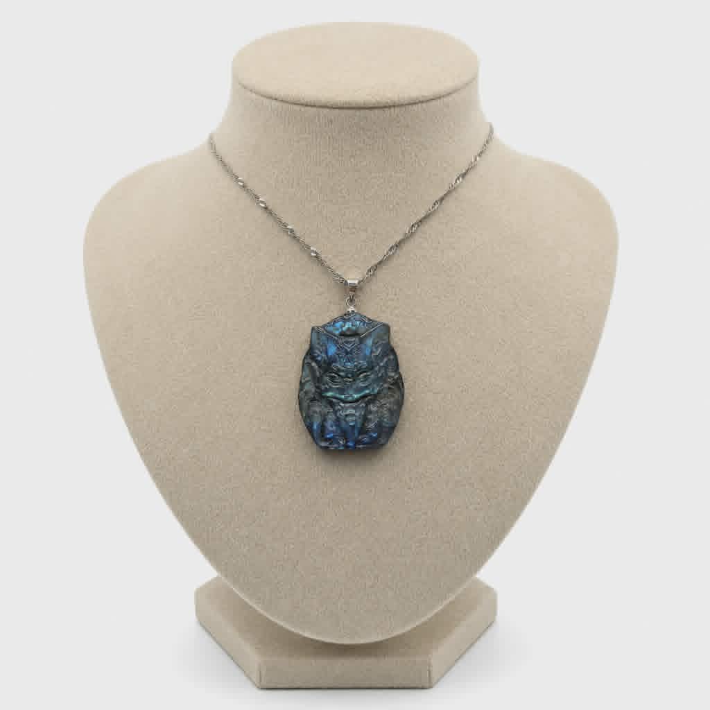 Labradorite carved sitting nine tails fox pendant necklace carving detail — My Aura Gemstones