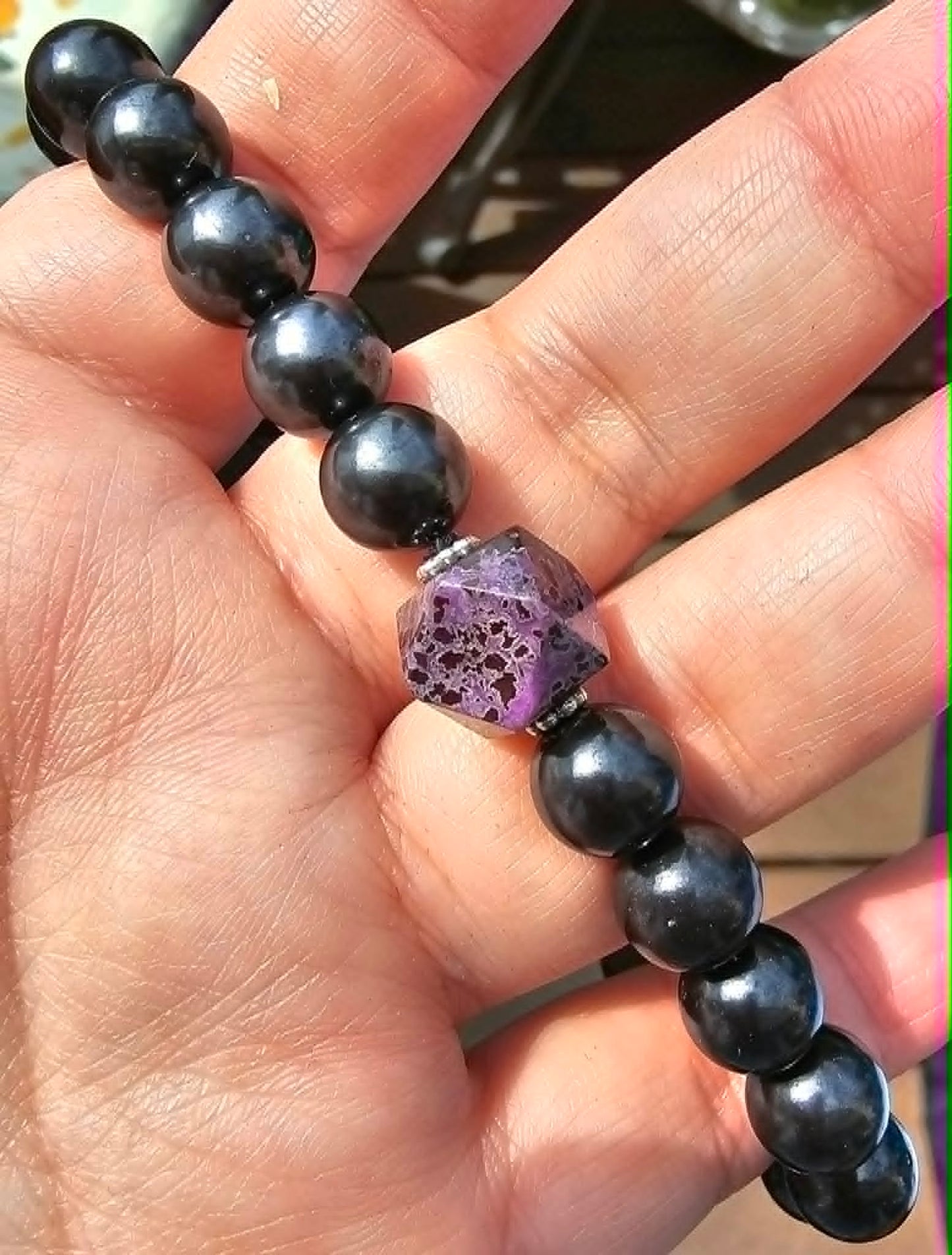 Custom Iron Sugilite Bracelet – Natural Iron Sugilite Round Beads with 3 Purple Sugilite Accent Stones
