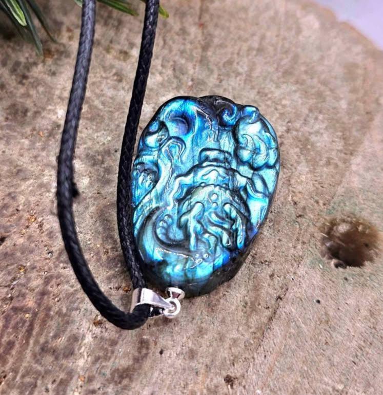 Nature Labradorite Carved Flying Dragon Pendant Necklace