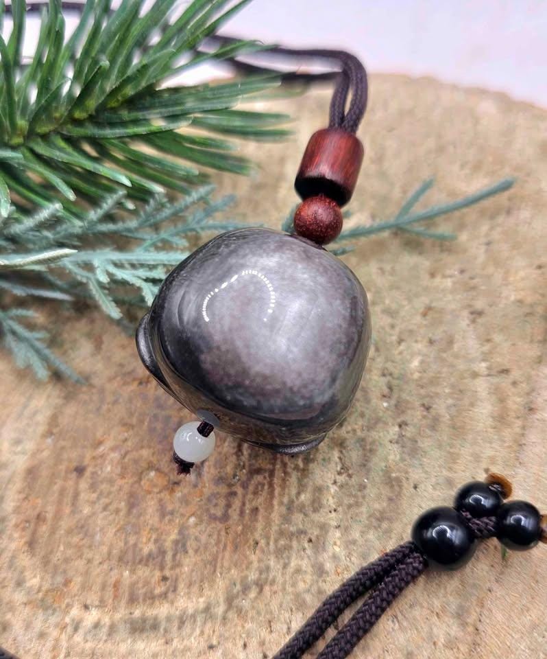 Nature Silver Obsidian Cat Eye Flash Daruma Doll Pendant Necklace