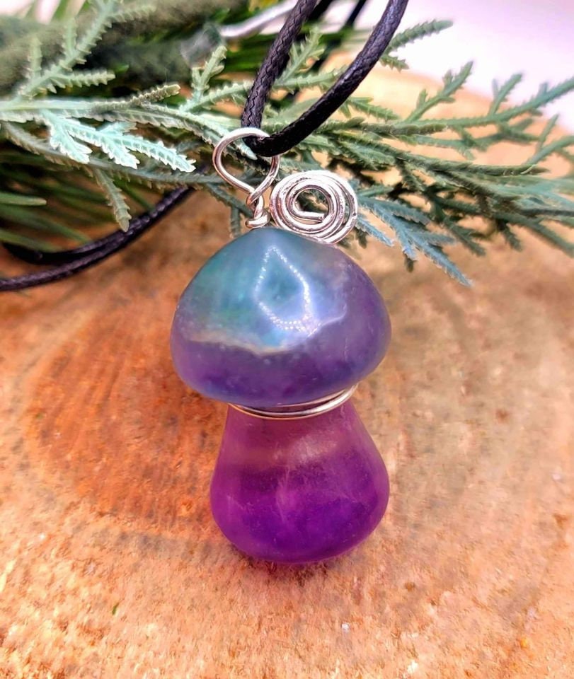 Beautiful Nature Rainbow Fluorite Hand Carved Mushroom Pendant Necklace
