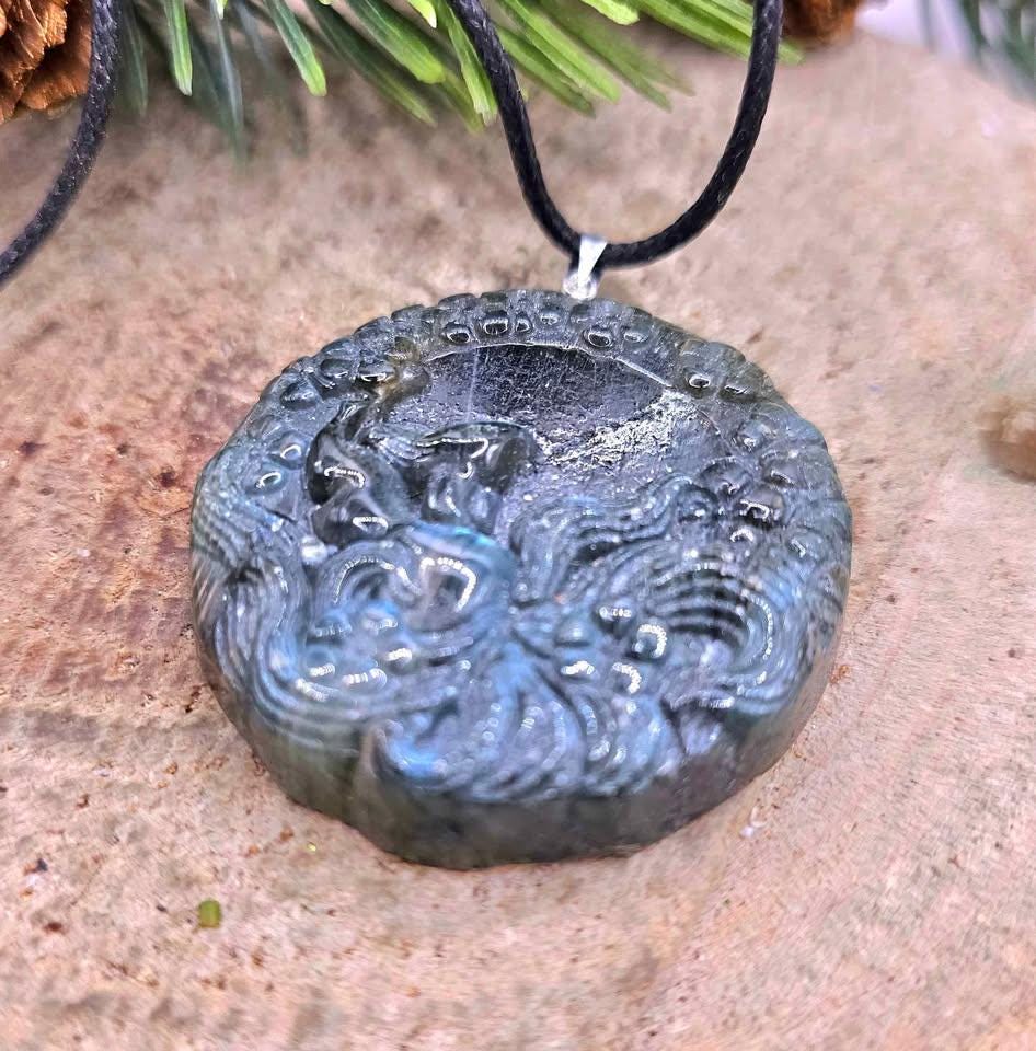 Nature Labradorite Flashy Nine Tails Fox Pendant Necklace
