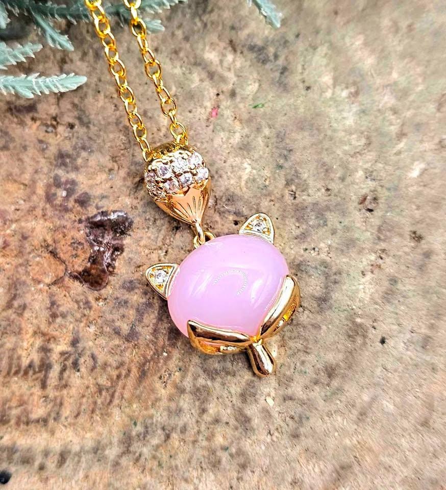 Nature Rose Quartz Gold Tone Fox Pendant Necklace