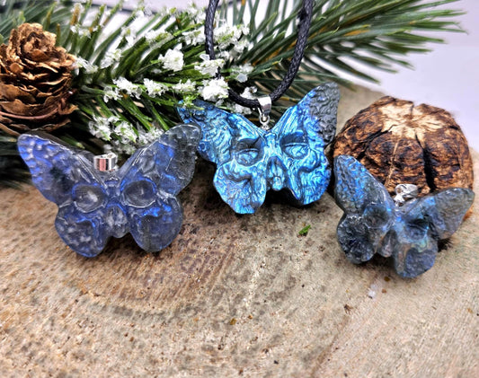 Nature Labradorite Carved Hidden Skull Butterfly Pendant Necklace