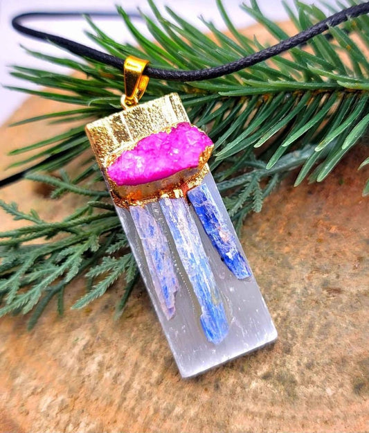 Beautiful Nature Selenite With Kyanite and Pink Geode Gold Cap Pendant Necklace