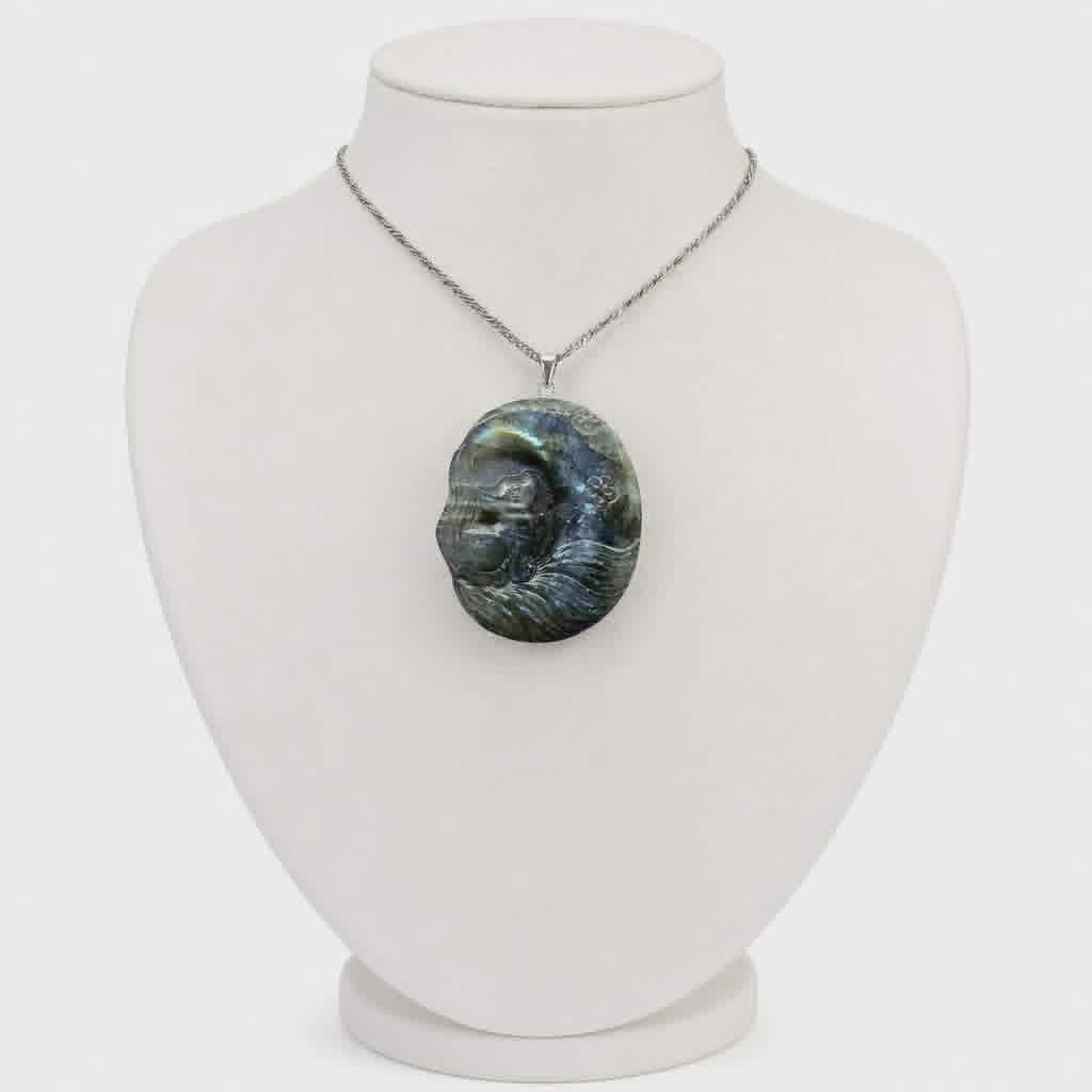 Labradorite nine tails fox and moon pendant necklace alternate angle — My Aura Gemstones