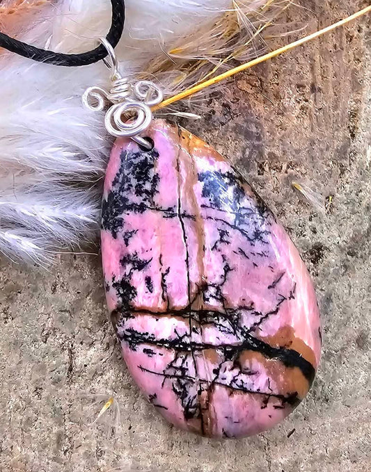 Nature Pink Rhodonite Oval Stone Pendant Necklace