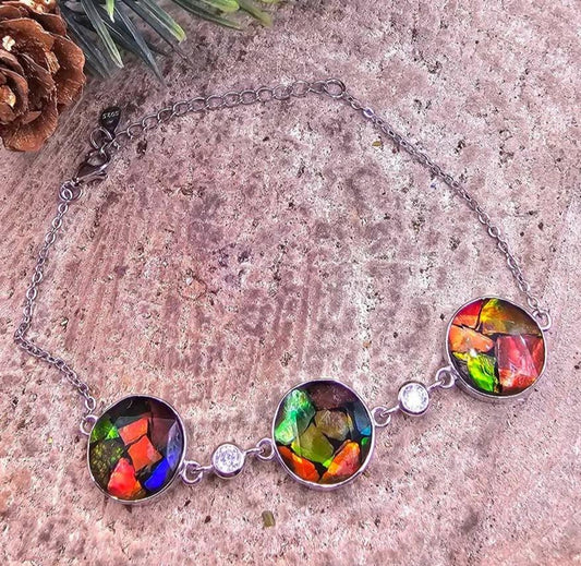 Nature Rainbow Flashy Ammolite Inlay 925 Bracelet