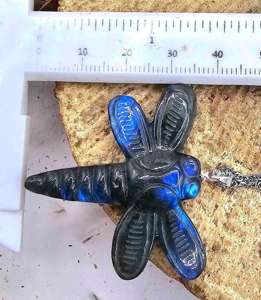 Nature Labradorite Carved Flashy Dragonfly Pendant Necklace