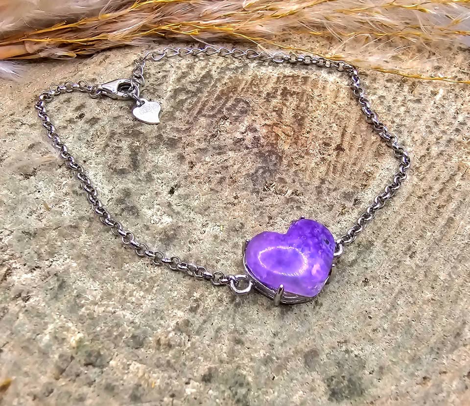 Genuine Sugilite Stone Heart Shape S925 Bracelet
