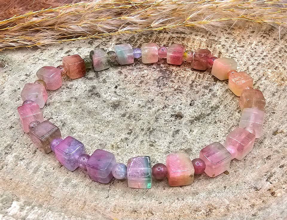 Premium Grade Tourmaline Watermelon Crystal Cubes Bracelet
