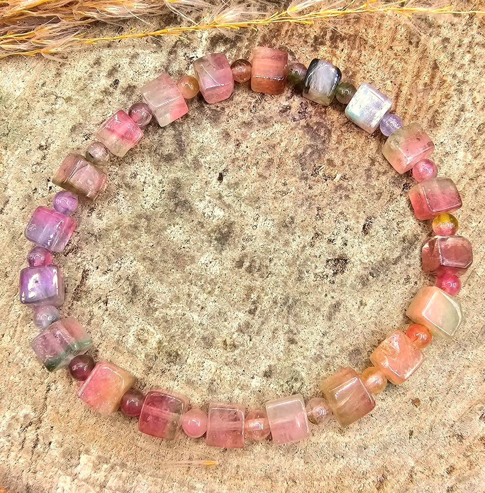 Premium Grade Tourmaline Watermelon Crystal Cubes Bracelet