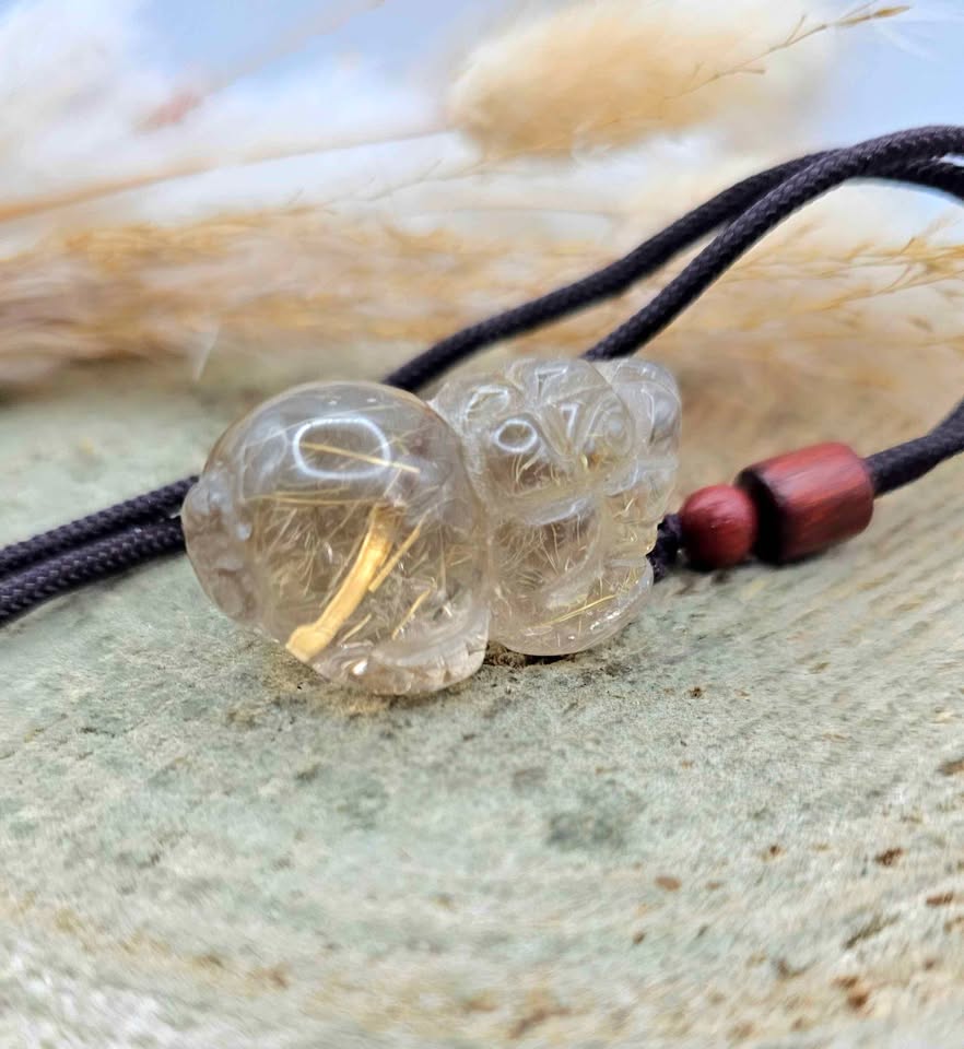 Nature Gold Rutilated Hand Carved Big Pi Xiu Pendant Necklace