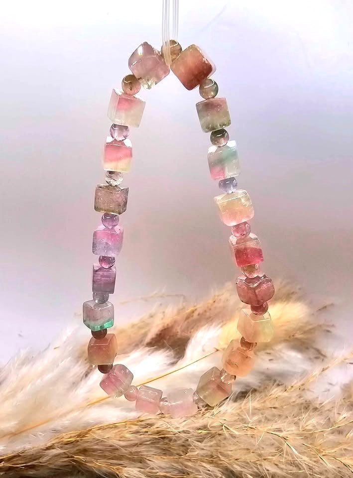Premium Grade Tourmaline Watermelon Crystal Cubes Bracelet