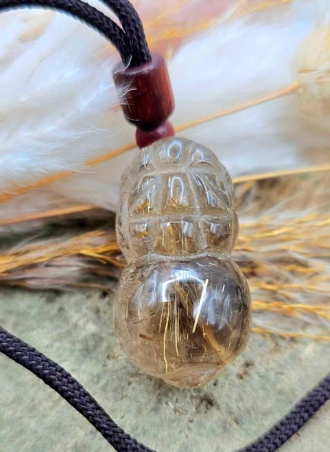 Nature Gold Rutilated Hand Carved Big Pi Xiu Pendant Necklace