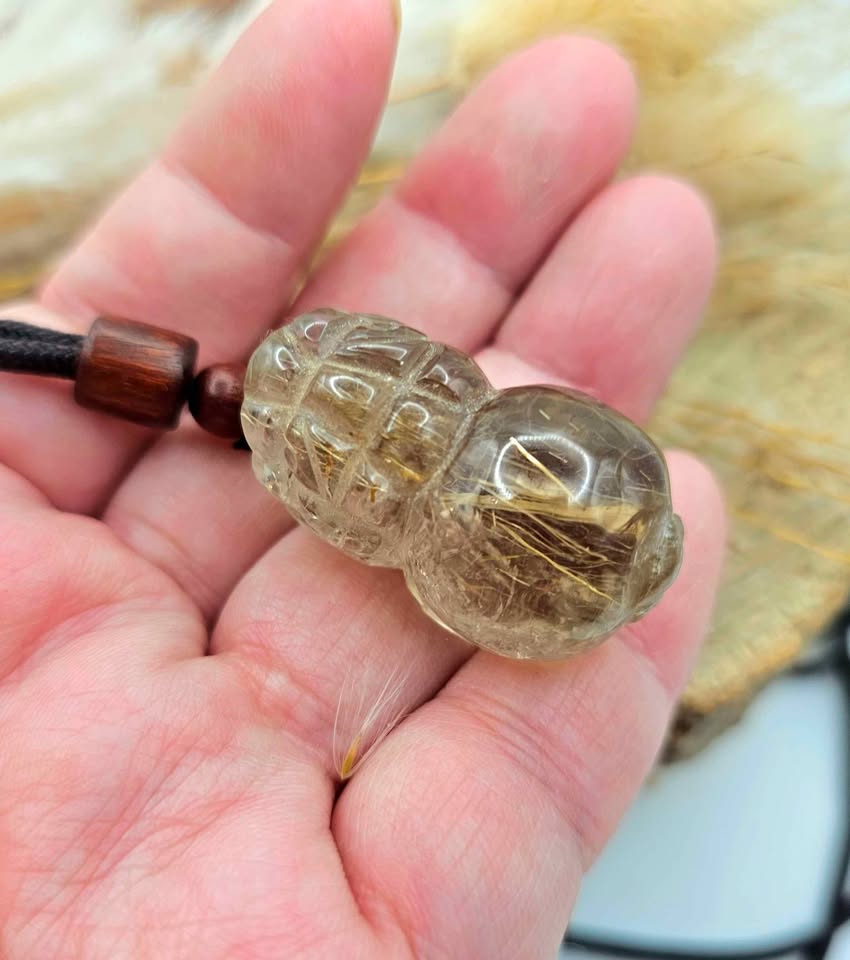 Nature Gold Rutilated Hand Carved Big Pi Xiu Pendant Necklace