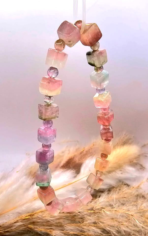 Premium Grade Tourmaline Watermelon Crystal Cubes Bracelet