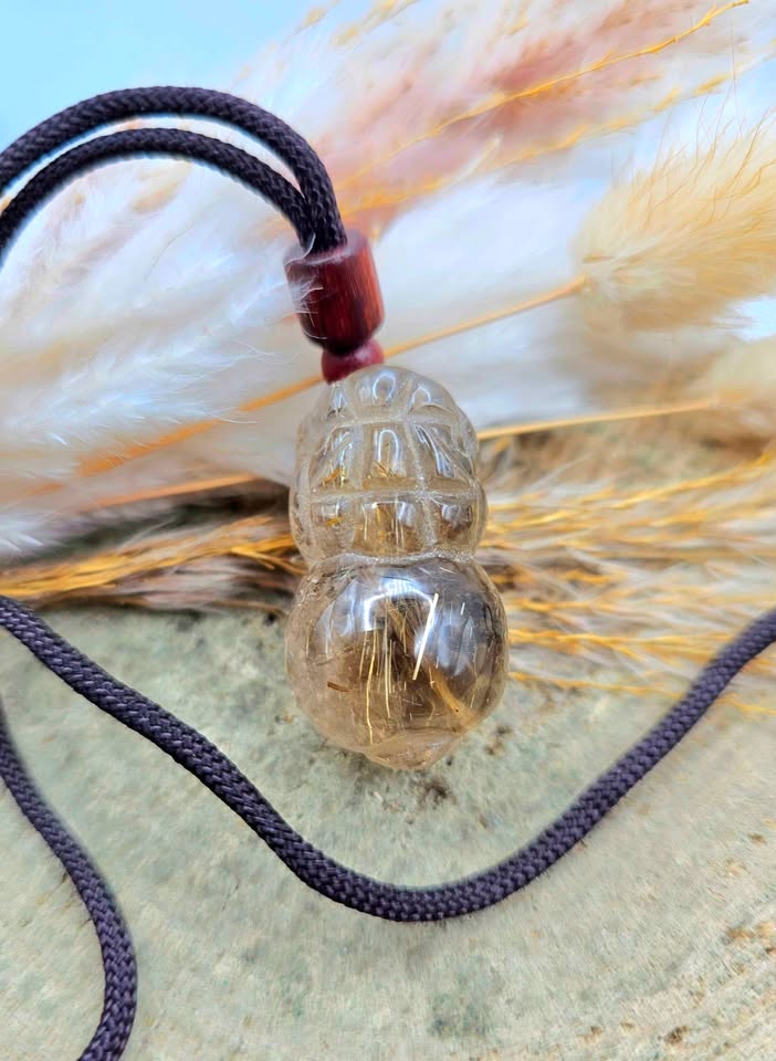 Nature Gold Rutilated Hand Carved Big Pi Xiu Pendant Necklace