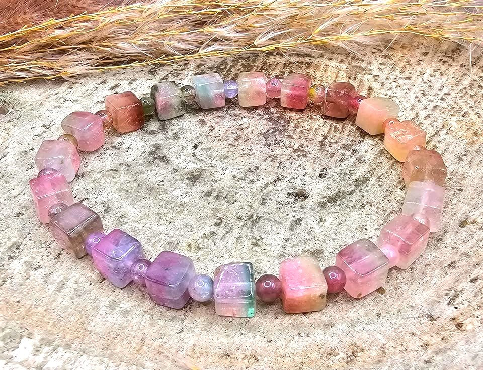 Premium grade watermelon tourmaline crystal cube bracelet worn on wrist — My Aura Gemstones