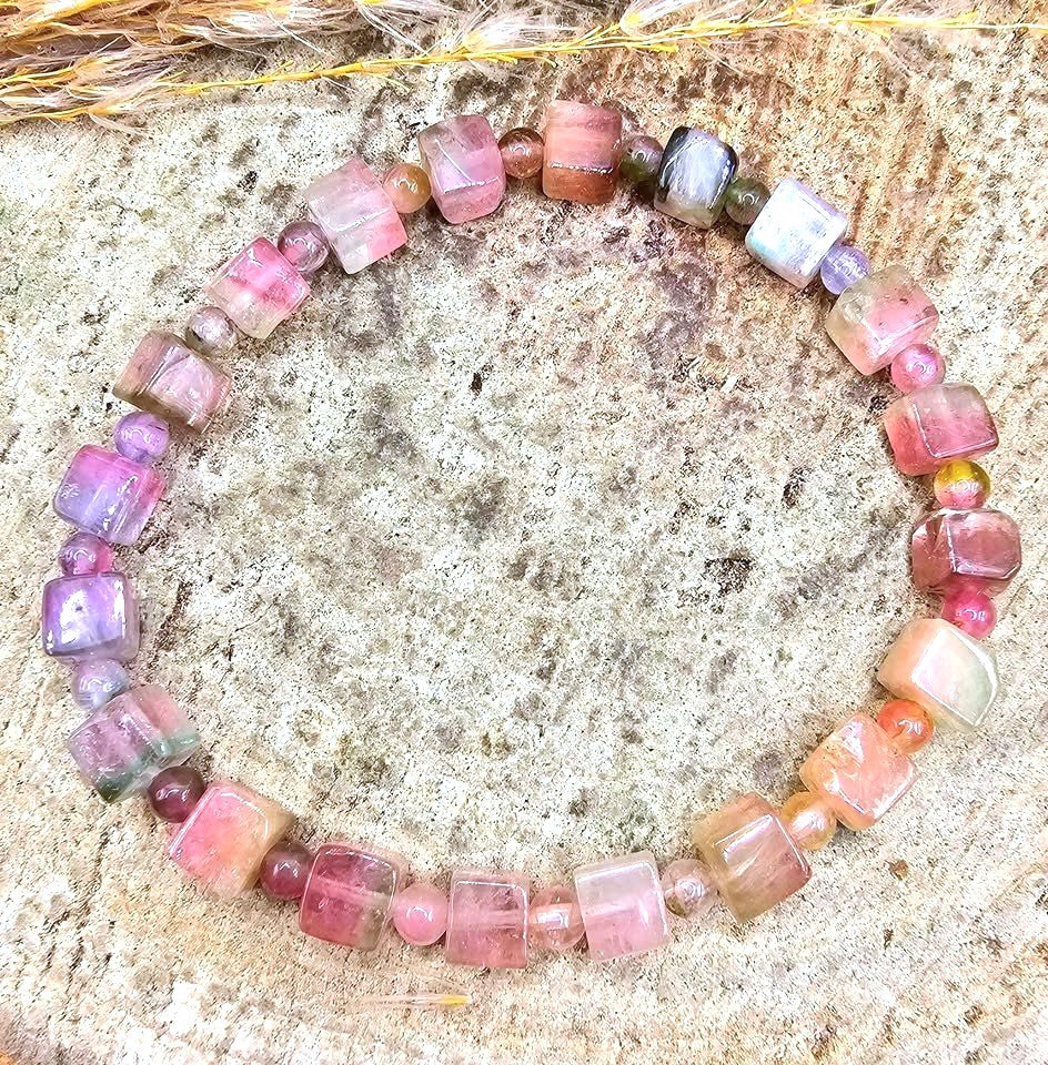 Premium grade watermelon tourmaline crystal cube bracelet alternate angle — My Aura Gemstones
