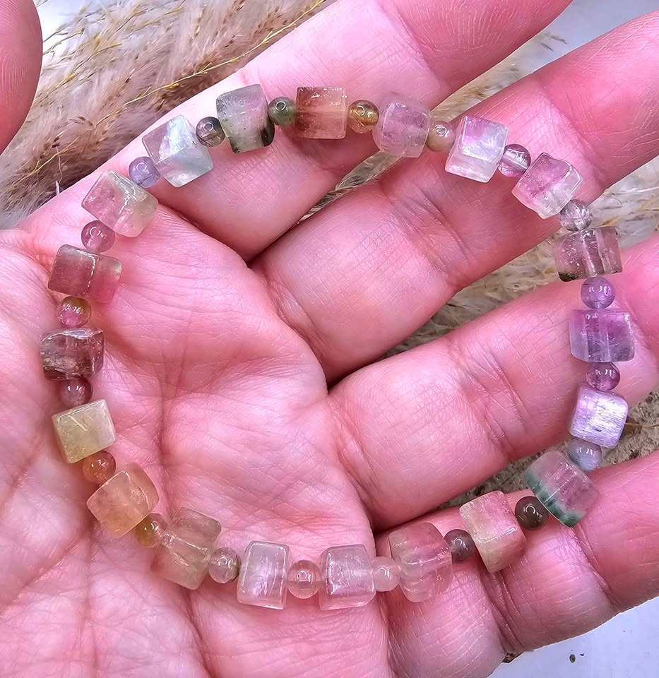 Premium Grade Tourmaline Watermelon Crystal Cubes Bracelet