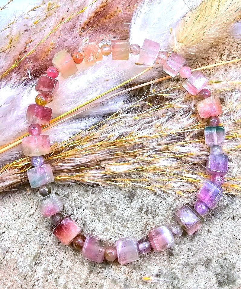 Premium grade watermelon tourmaline crystal cube bracelet color variation — My Aura Gemstones