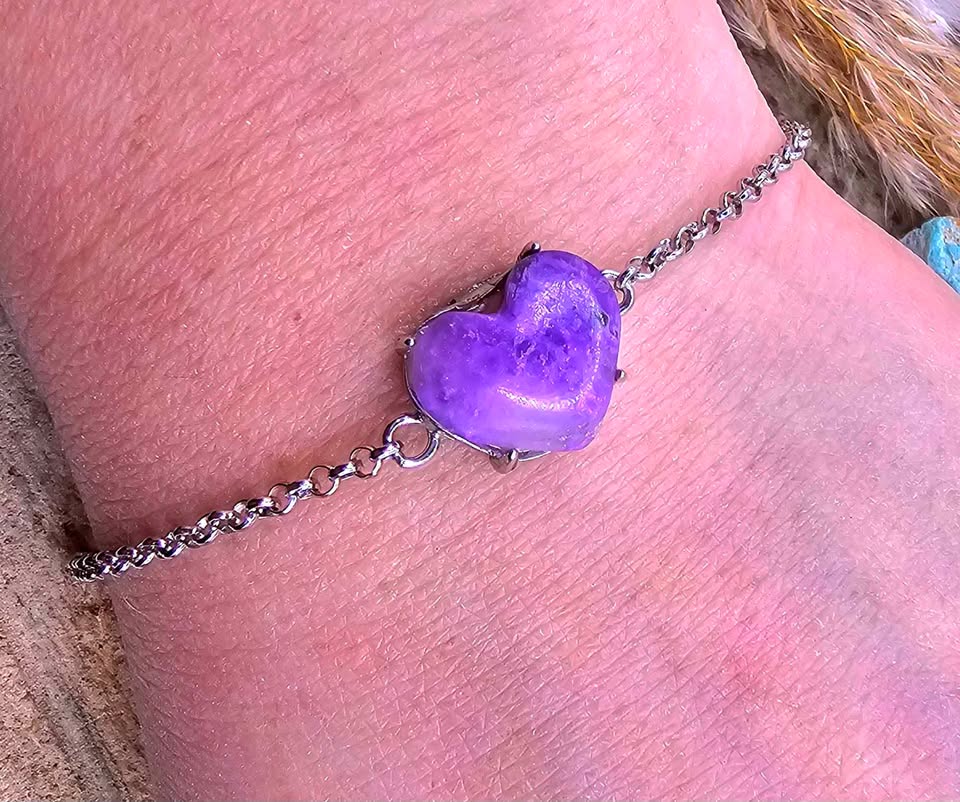 Genuine Sugilite Stone Heart Shape S925 Bracelet