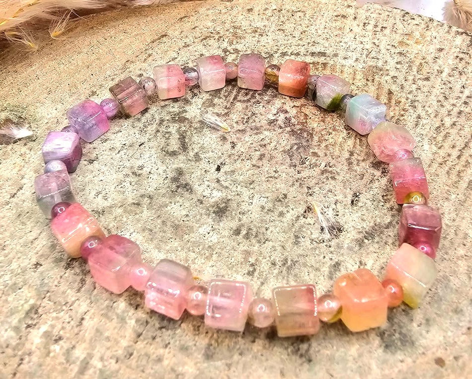 Premium Grade Tourmaline Watermelon Crystal Cubes Bracelet