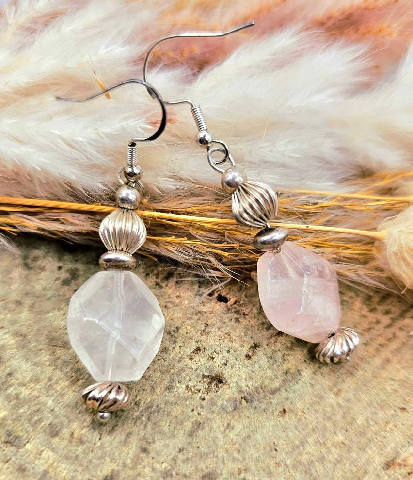 Nature Rose Quartz Sterling Silver Dangle Earring