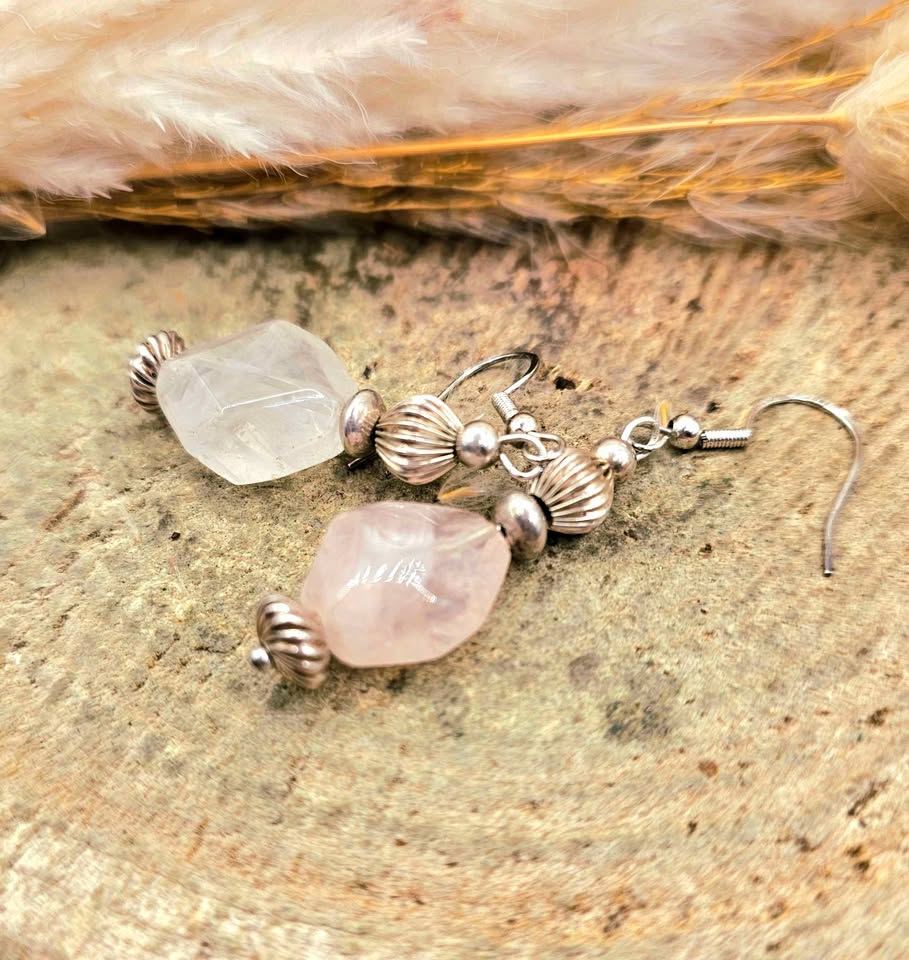 Rose quartz dangle earrings worn, part of the Rose Quartz Love & Self-Care Set - My Aura Gemstones