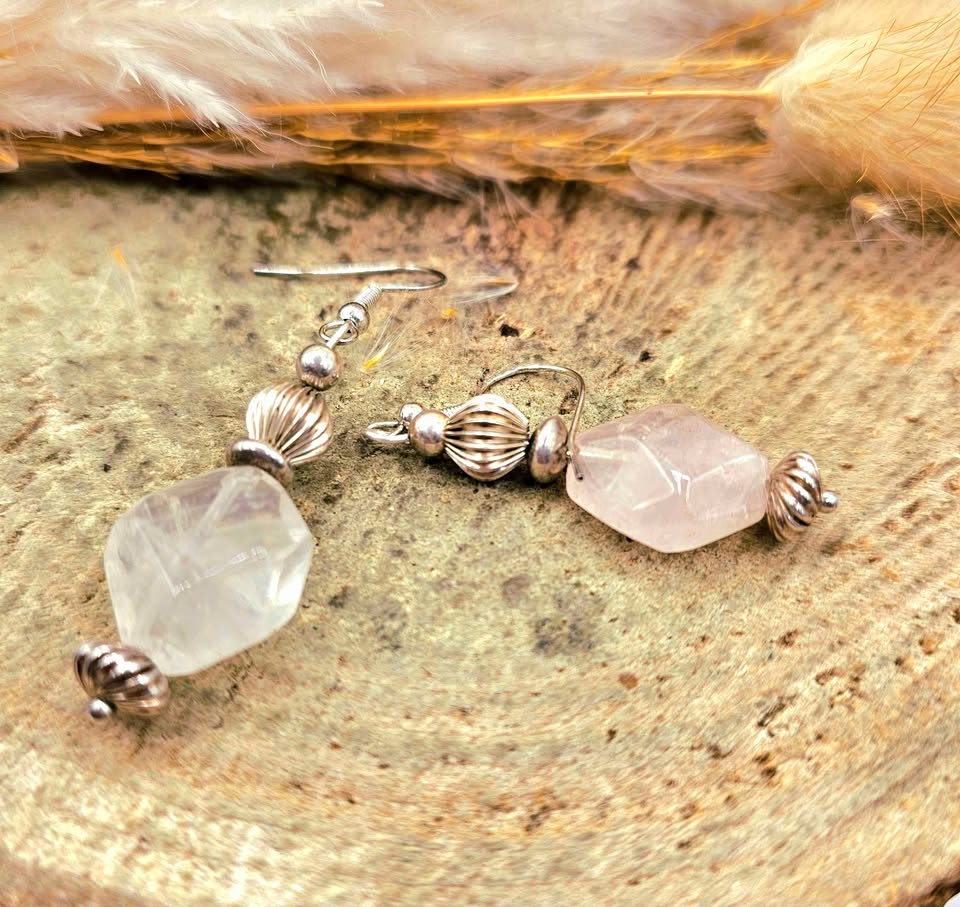 Rose quartz dangle earrings, different angle, part of the Rose Quartz Love & Self-Care Set - My Aura Gemstones
