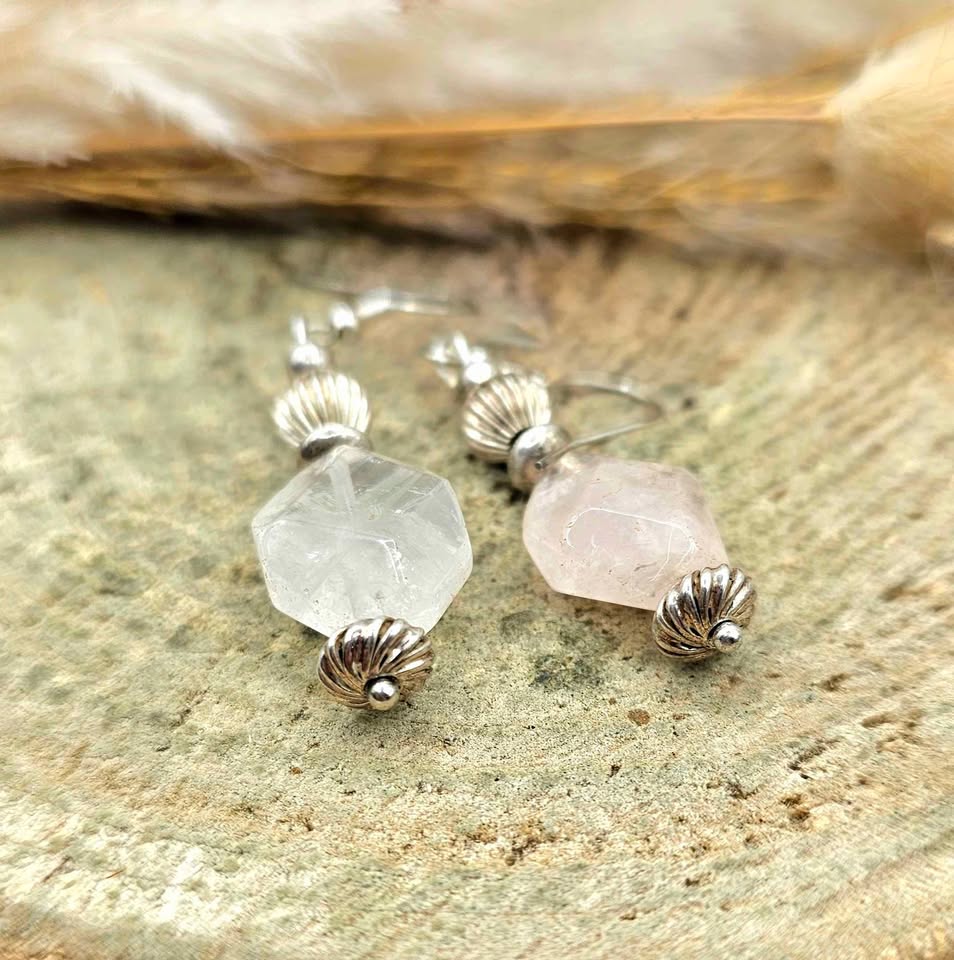 Nature Rose Quartz Sterling Silver Dangle Earring