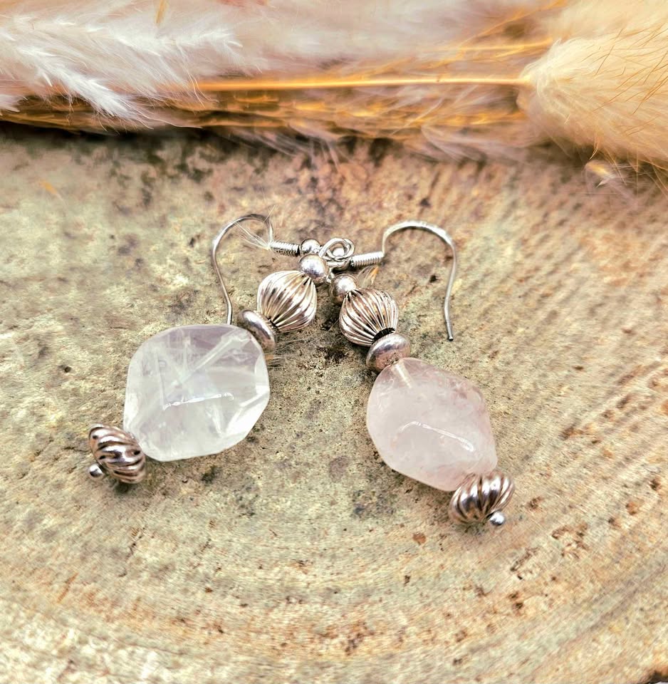 Nature Rose Quartz Sterling Silver Dangle Earring