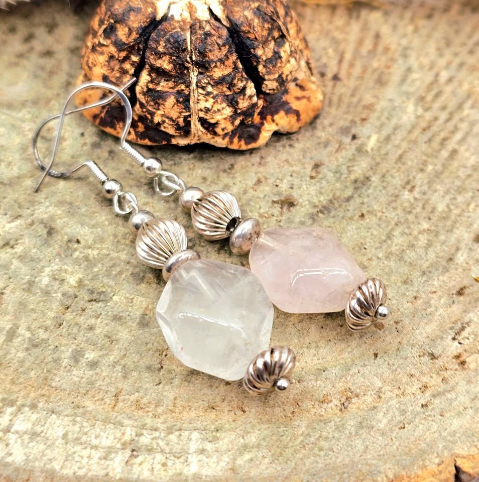Nature Rose Quartz Sterling Silver Dangle Earring