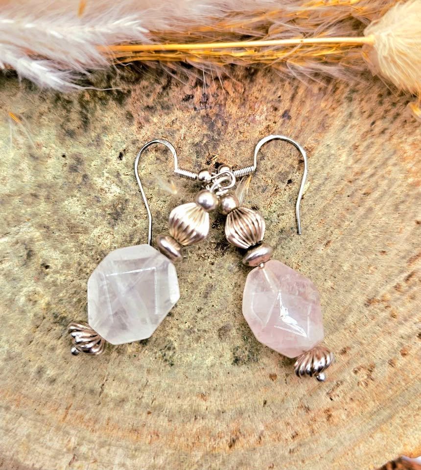 Nature Rose Quartz Sterling Silver Dangle Earring