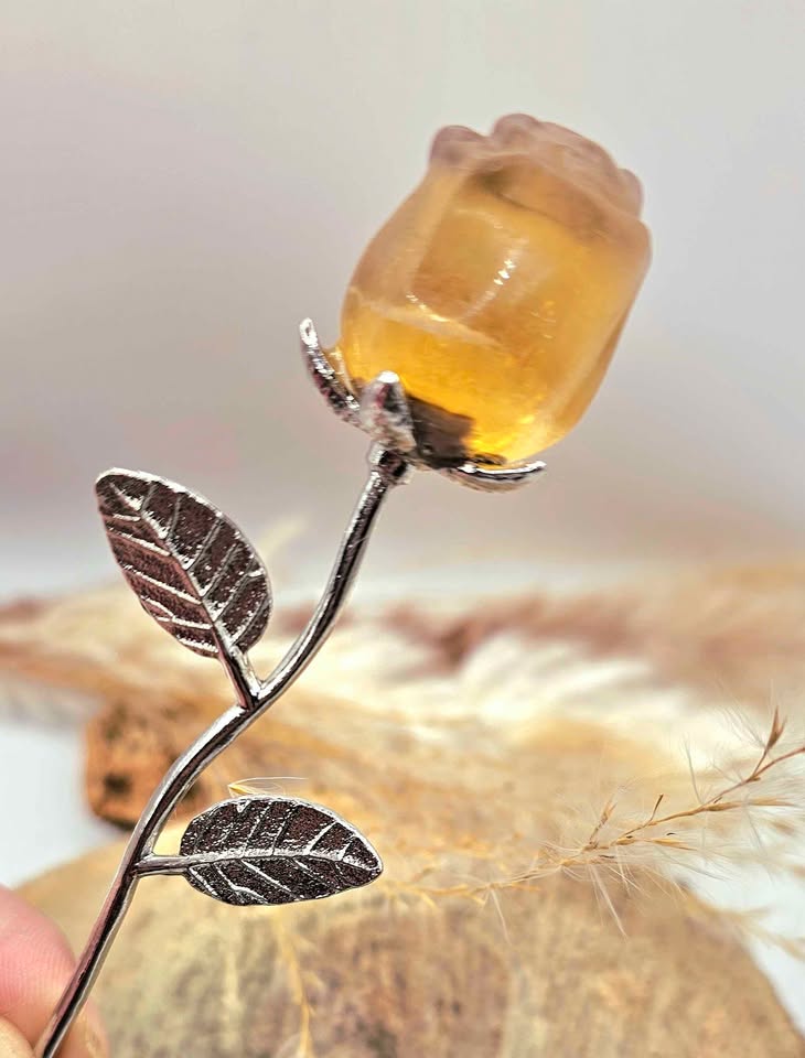 Nature Yellow Fluorite Long Metal Rose