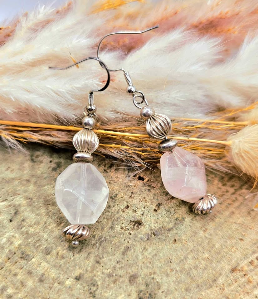 Nature Rose Quartz Sterling Silver Dangle Earring